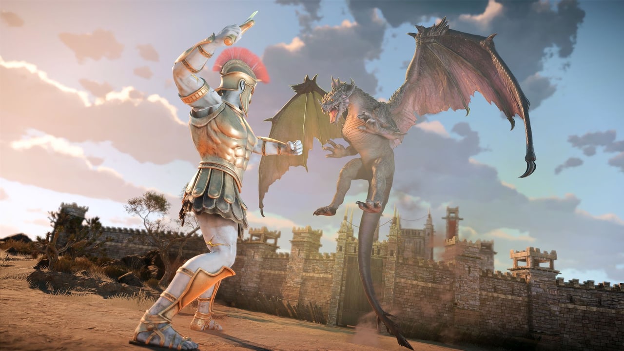 Titan facing a black dragon outside castle walls in Heroes of Might and Magic III Remake