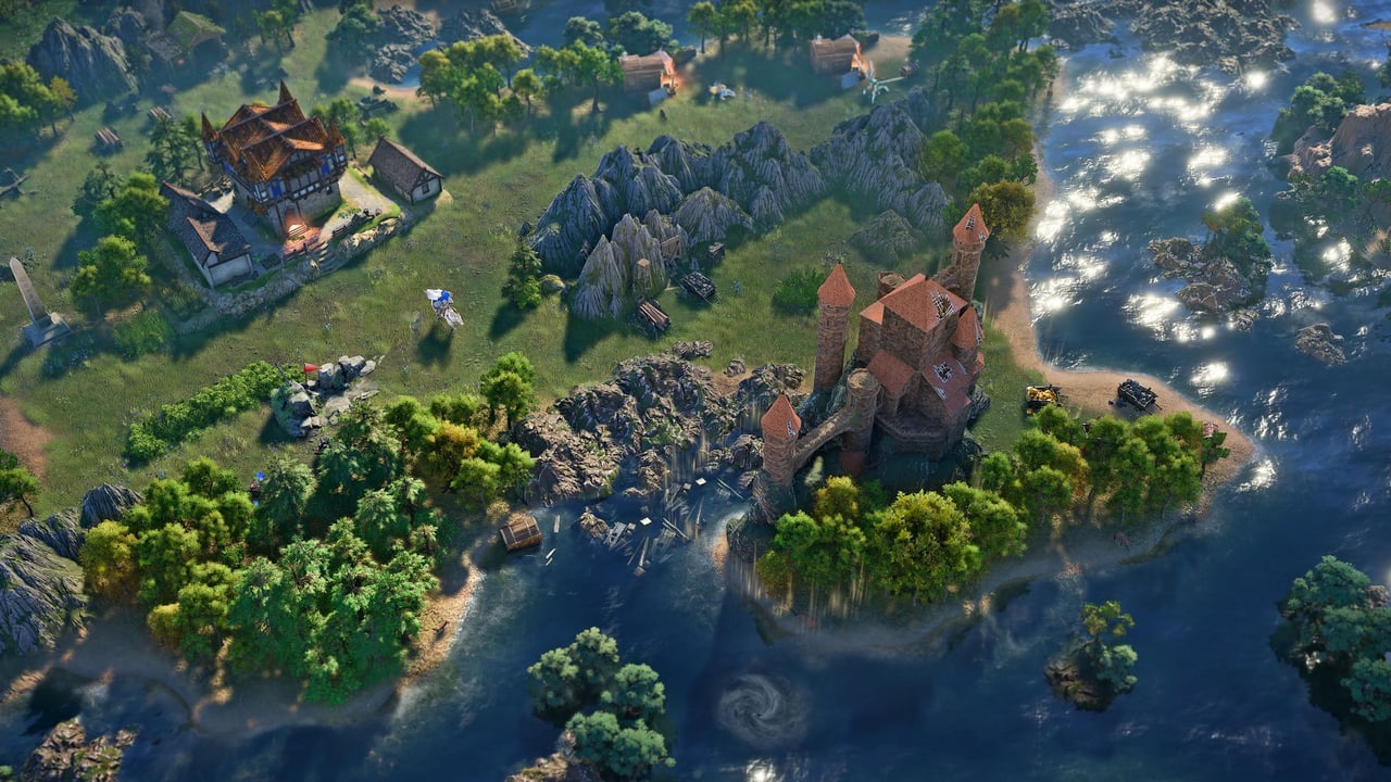 Adventure-map screenshot of a coastal castle and hero in Heroes of Might and Magic III Remake